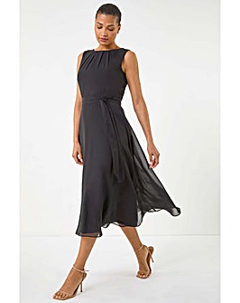 Roman Chiffon Pleat Neck Midi Dress