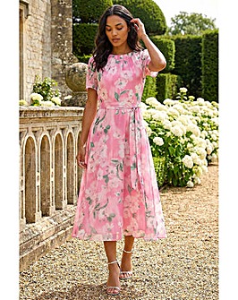 Roman Floral Print Pleat Neck Midi Dress