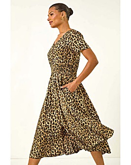 Roman Animal Print Shirred Midi Dress