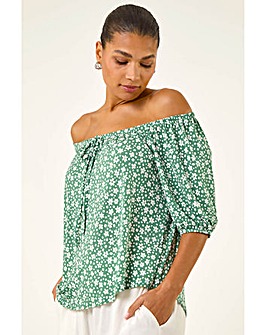 Roman Floral Puff Print Bardot Top