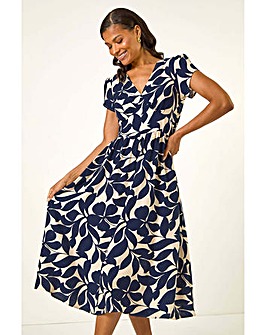 Roman Leaf Print V-Neck Midi Dress
