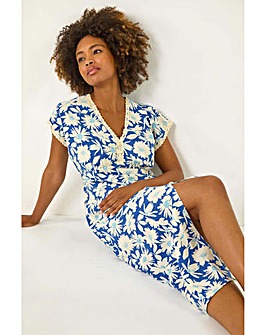 Roman Daisy Print Lace Trim Midi Dress