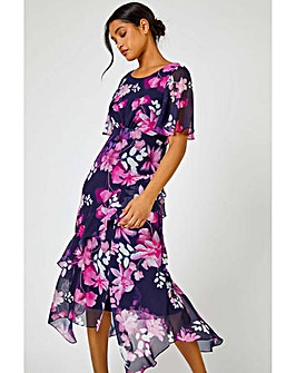 Roman Floral Chiffon Frill  Midi Dress