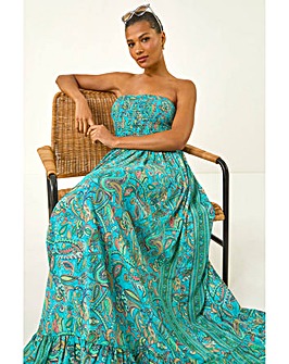 Roman Floral Bandeau Shirred Midi Dress