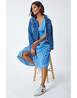 Roman Polka Dot Ruched Sleeve Midi Dress