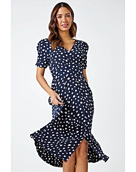Roman Polka Dot Ruched Sleeve Midi Dress
