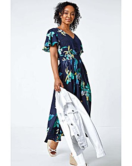 Roman Petite Floral Shirred Midi Dress