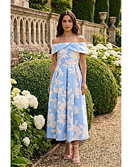 Roman Floral Bardot Stretch Midi Dress