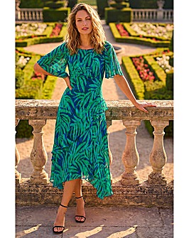 Roman Leaf Print Chiffon Frill  Dress