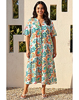 Roman Curve Printed V-Neck Midi Dress