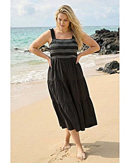 Roman Curve Strappy Shirred Midi Dress