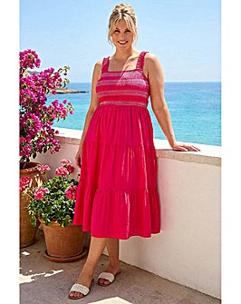 Roman Curve Strappy Shirred Midi Dress