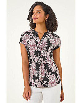 Roman Floral Puff Print Lace Stretch Top
