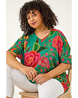 Roman Curve Floral Print V-Neck Top