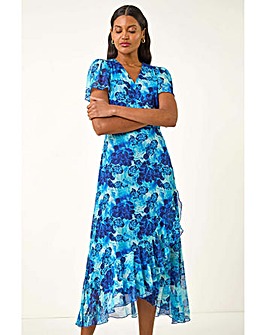 Roman Floral Frill Mesh Stretch Dress