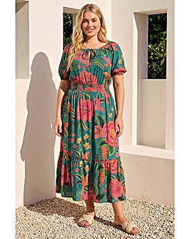 Roman Curve Floral Shirred Waist Dress