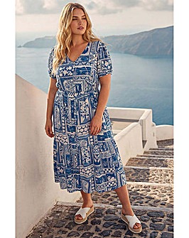 Roman Curve Postcard Print Midi Dress
