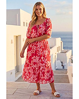 Roman Curve Tropical Tie Neck Midi Dress
