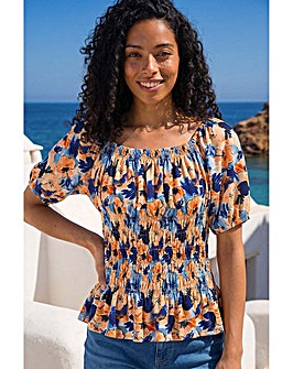 Roman Floral Print Shirred Bardot Top