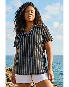 Roman Curve Stripe Collared Knit Top