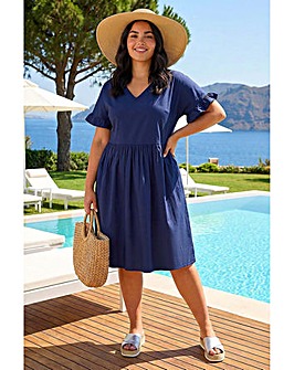 Roman Curve Cotton V-Neck Frill Dress