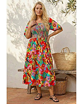 Roman Curve Floral Shirred Midi Dress