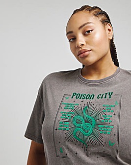 Acid Wash Poison City Longline Slogan T-Shirt