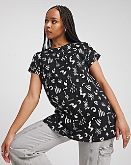 Mono Print Longline Boyfriend T-Shirt