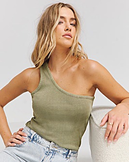 Acid Wash Khaki One Shoulder Rib Top