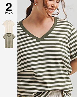 Ecru & Stripe 2 Pack V Neck Longline T-Shirt