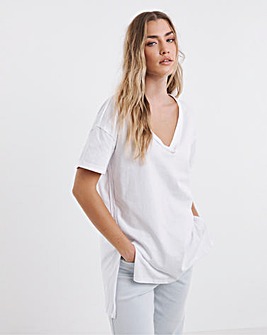 White Oversized Exposed Seam V Neck T-Shirt