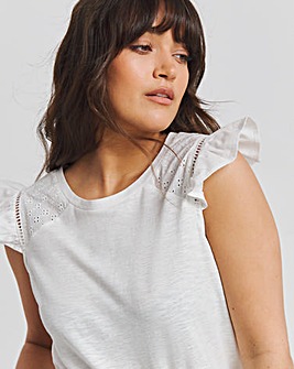 White Broderie Frill T-Shirt with Ladder Trim