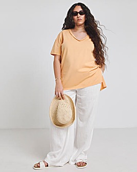 Washed Orange Oversized Exposed Seam V Neck T-Shirt