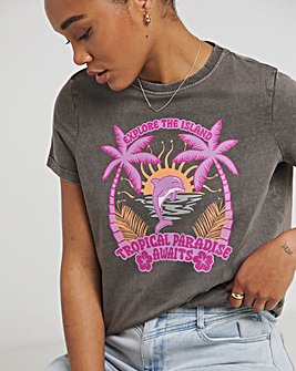 Acid Wash Tropical Paradise Slogan T-Shirt