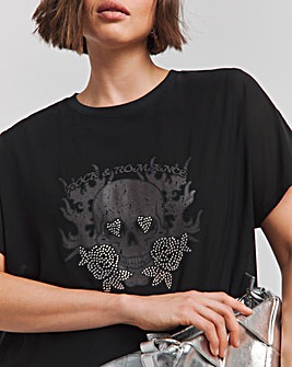 Black Mesh Layer Graphic T-Shirt with Diamantes