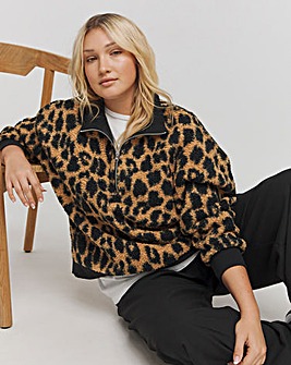 Leopard Print Teddy Zip Collar Sweatshirt