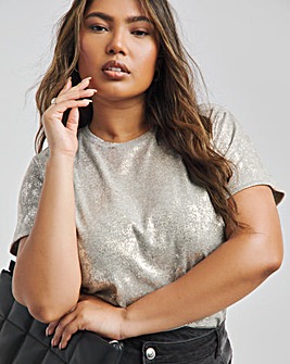 Simply Be Grey Marl & Silver Distressed Metallic Rib T-Shirt