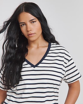 Navy & Ivory Stripe Slub V Neck Tee