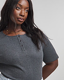 Charcoal Marl Ribbed Top With Button Detail