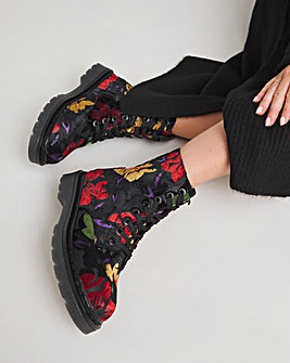 Heavenly Feet Floral Justina Lace Up Chunky Boot Wide E Fit