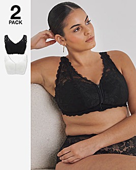 Pretty Secrets (2 Pack) Zip Front Fastening Lace Comfort Bras (B-F) Black/White