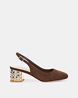 Dune Catharine Brown Suede Slingback Jewel Embellished Block Heel