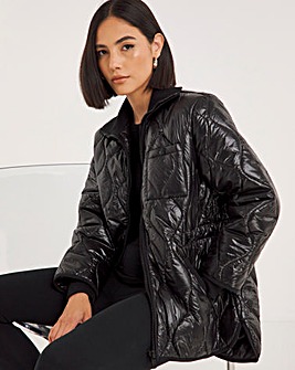 Black Shiny A Line Quilted Jacket