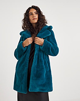 Teal Plush Faux Fur Coat