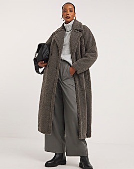 Charcoal Longline Borg Teddy Fur Coat