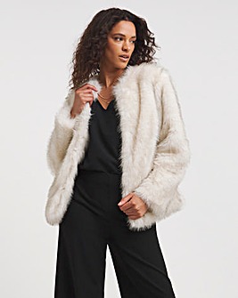 Cream Collarless Pile Faux Fur Coat