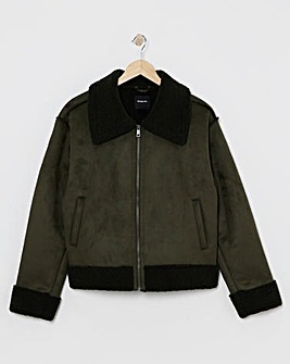 Khaki Zip Through Suedette Aviator