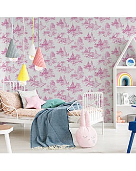 Disney Princess Girls Toile Print Pink Wallpaper