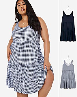 2 Pack Navy/Gingham Tiered Smock Dress