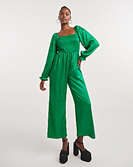 Green Jacquard Shirred Jumpsuit
